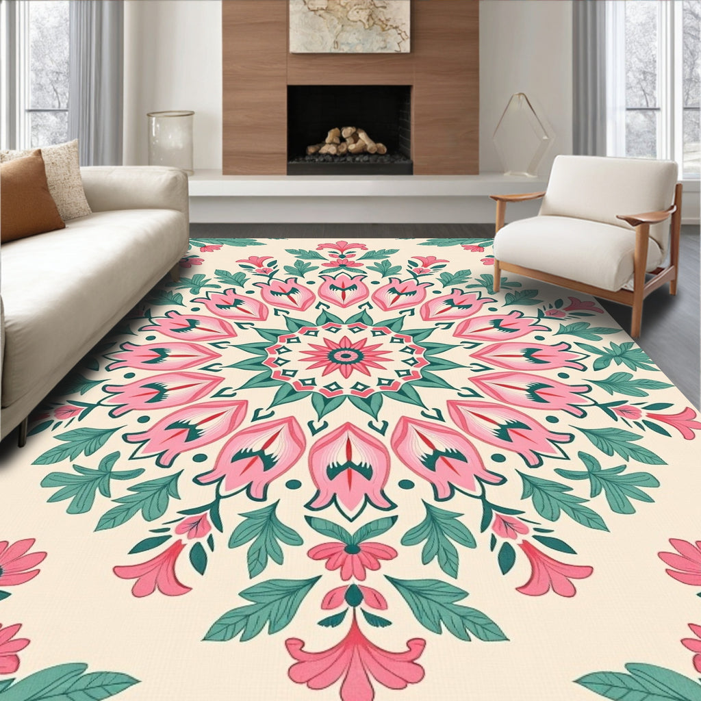 Pink Teal Floral Mandala Medallion Rug
