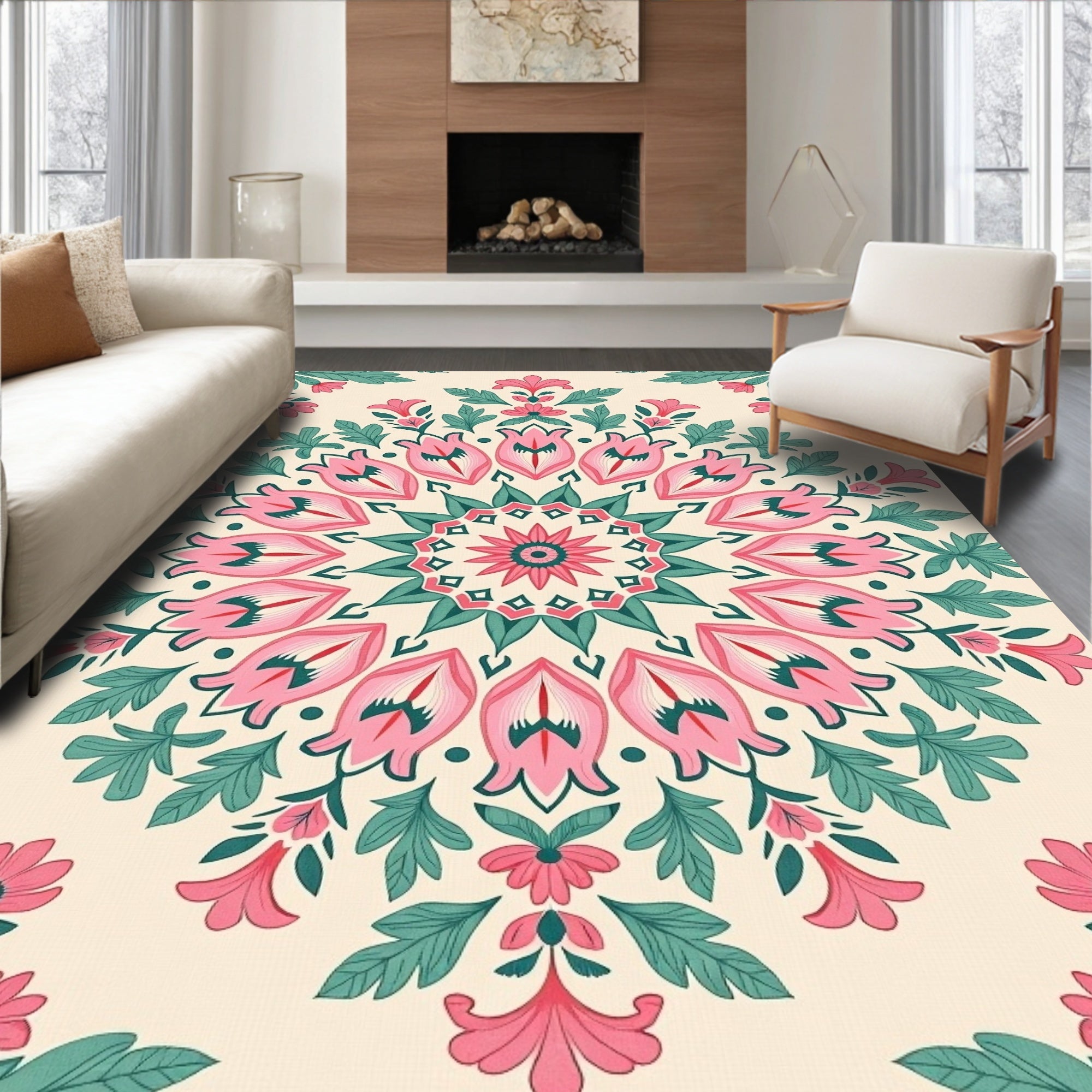 Pink Teal Floral Mandala Medallion Rug