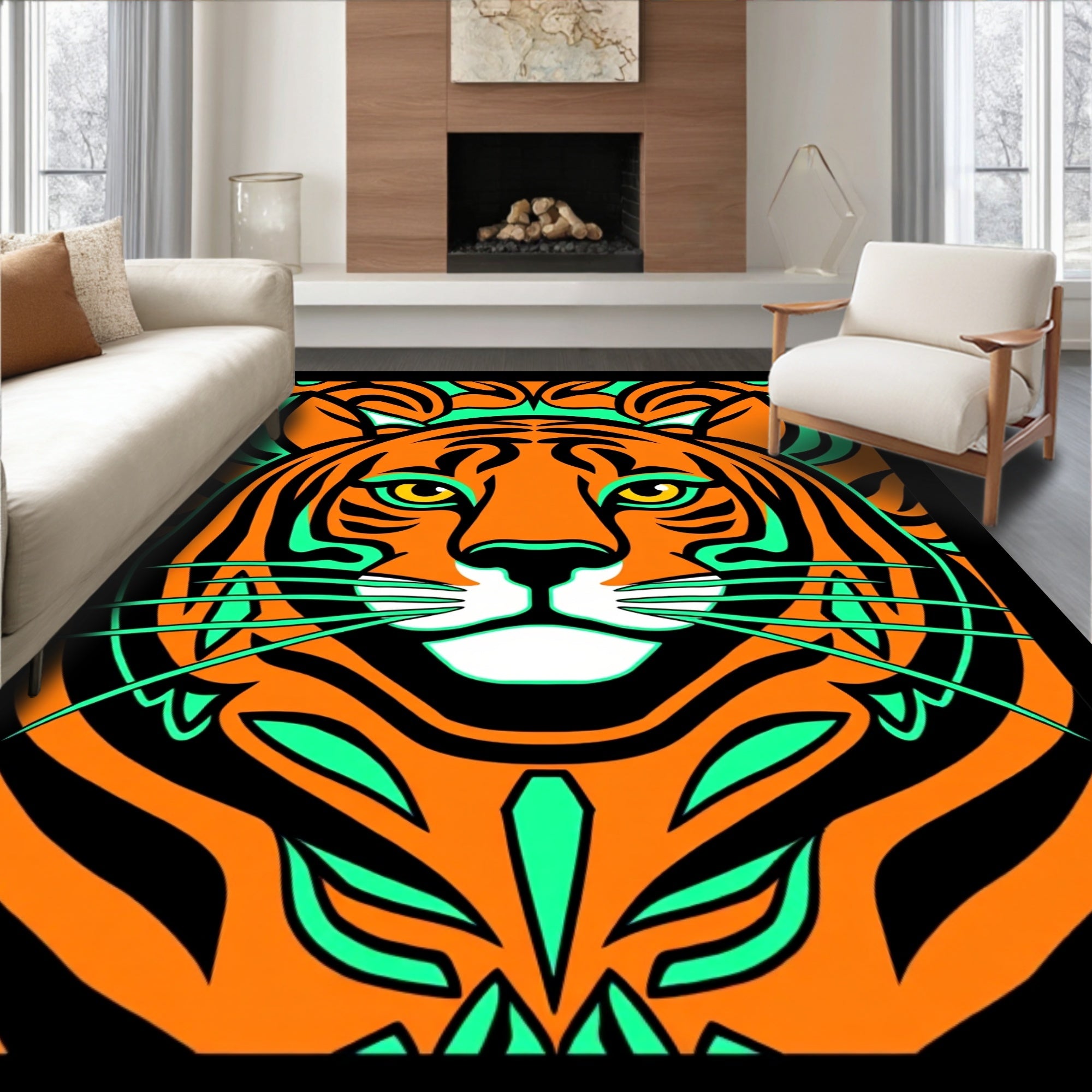 Bold Orange Tiger Face Emerald Accents Rug