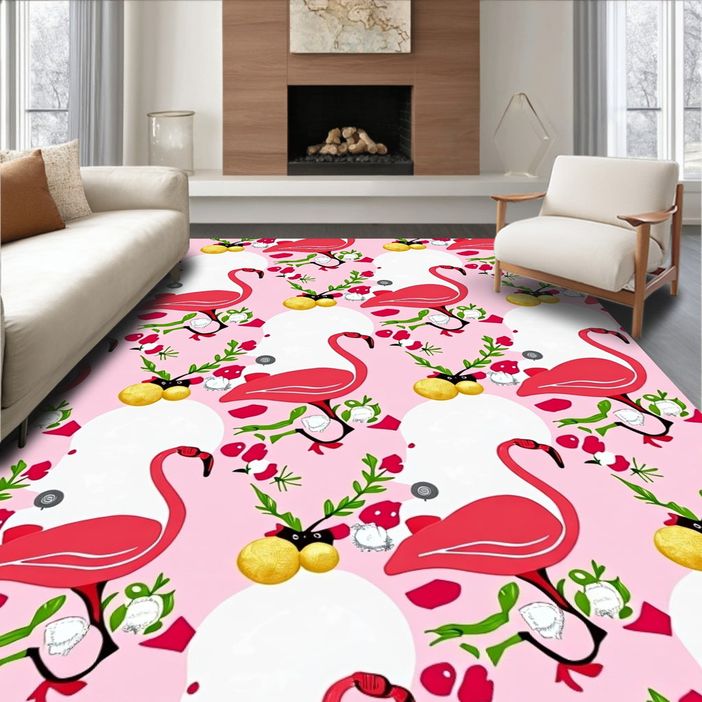 Whimsical Pink Flamingo Floral Garden Rug