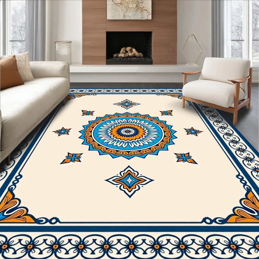 Navy Orange Ivory Mandala Medallion Rug