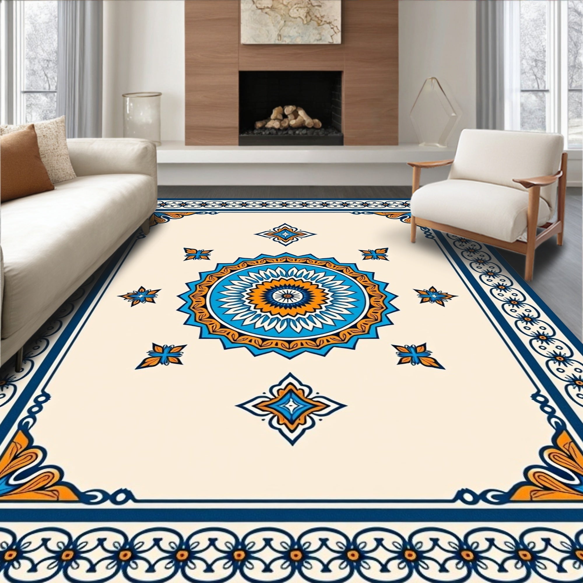 Navy Orange Ivory Mandala Medallion Rug