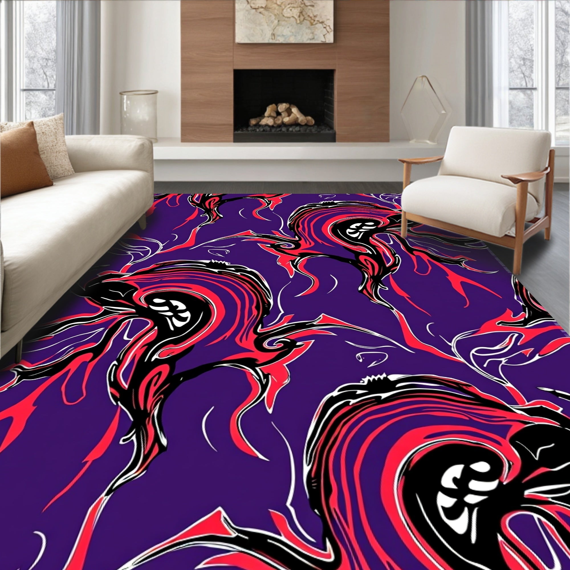 Bold Black Red Swirl Abstract Rug