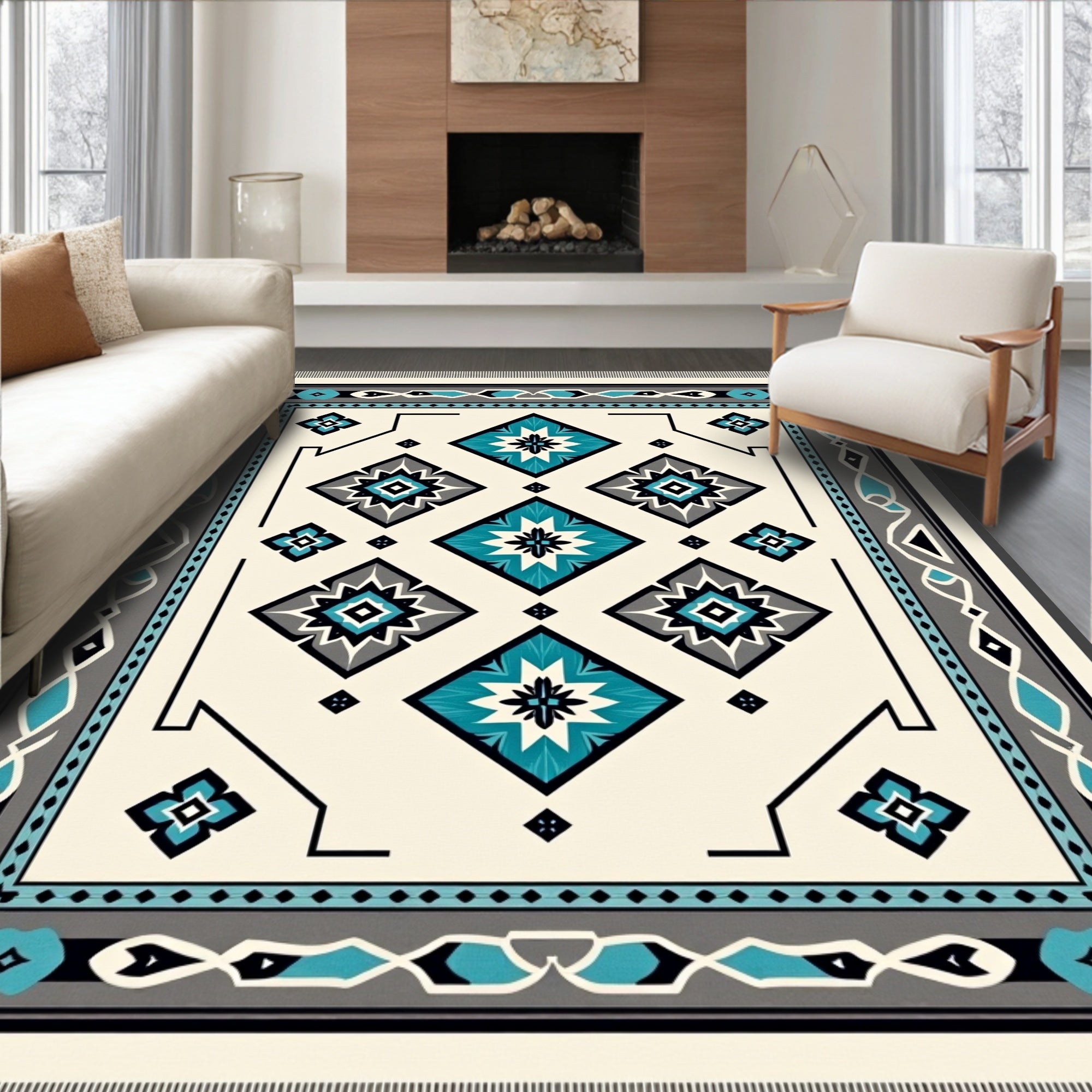 Teal Black Gray Diamond Medallion Rug