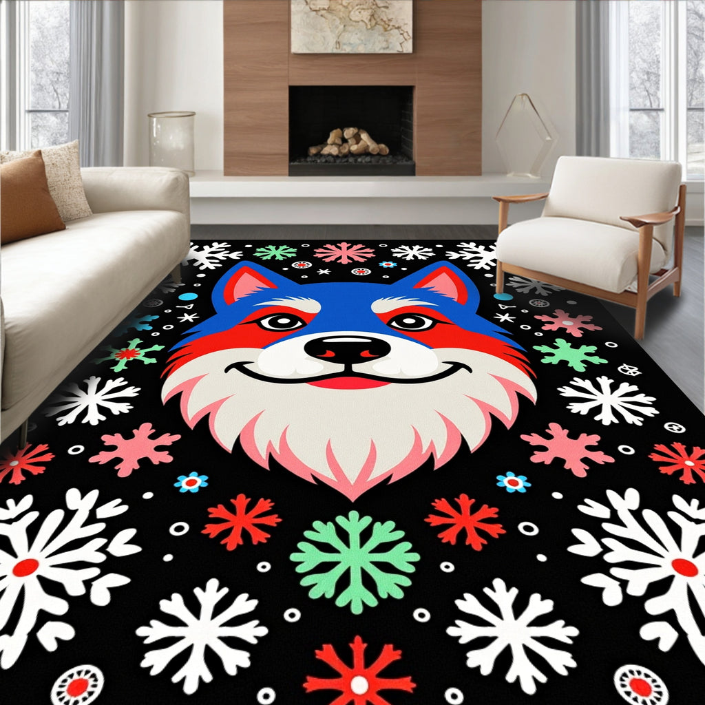 Whimsical Blue Wolf Snowflakes Rug