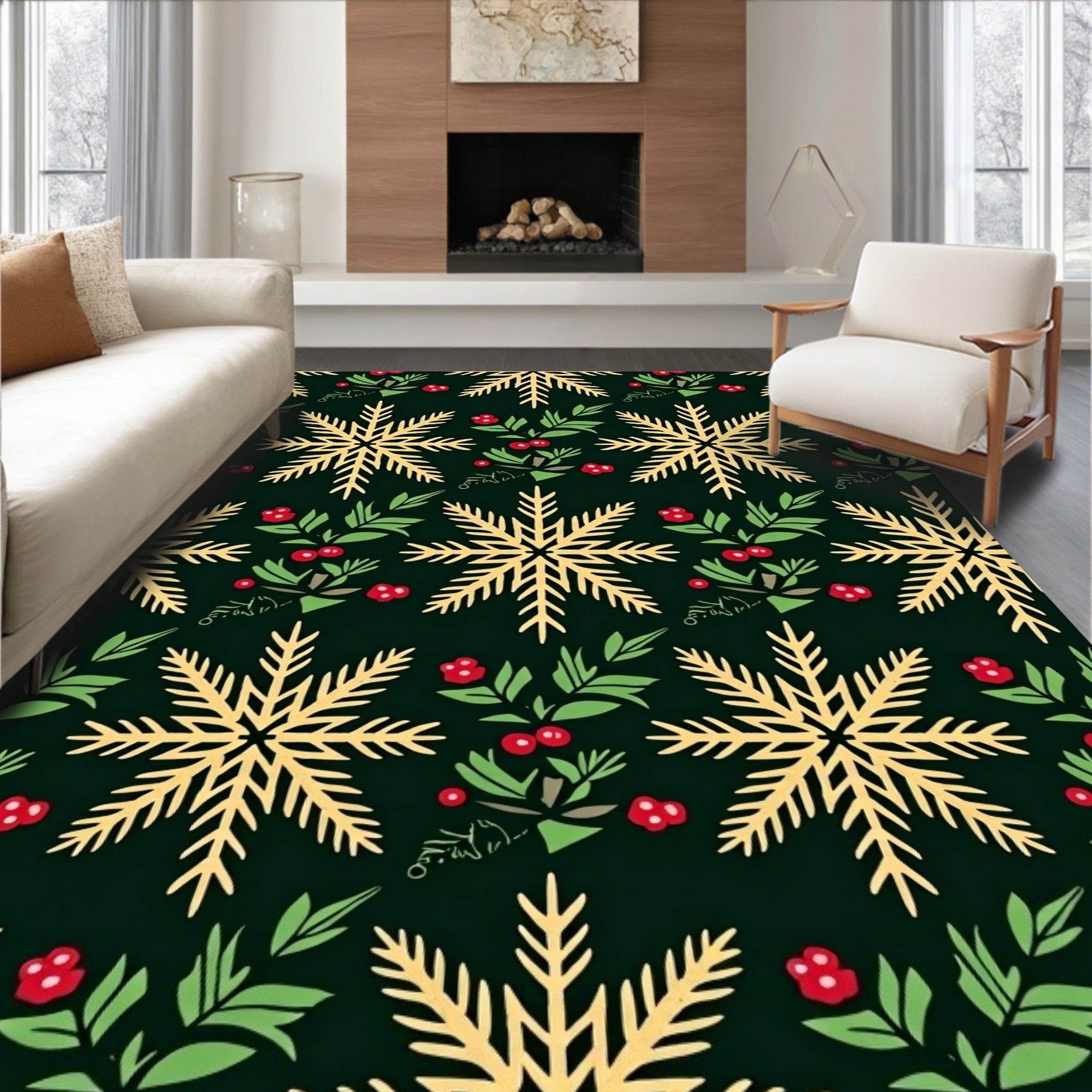 Golden Snowflakes With Red Berry Accents Rug
