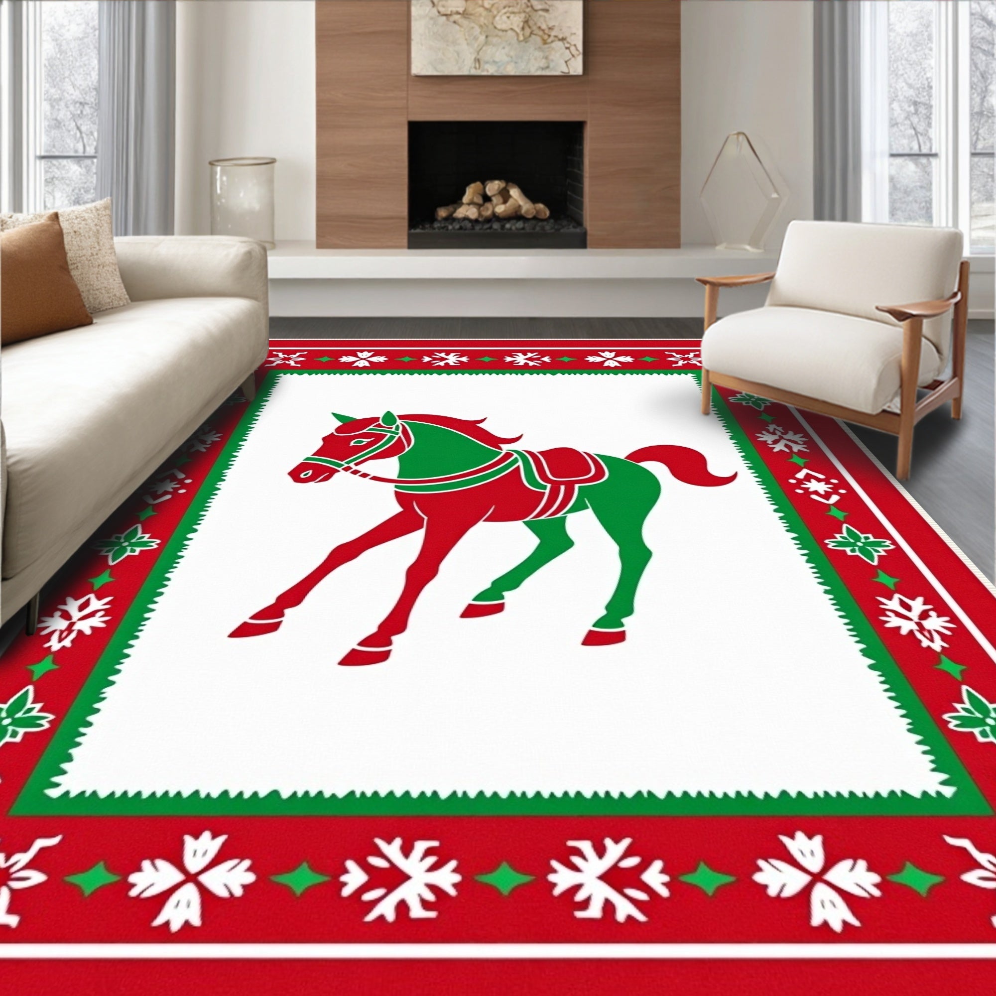 Red Green Horse Snowflake Border Rug