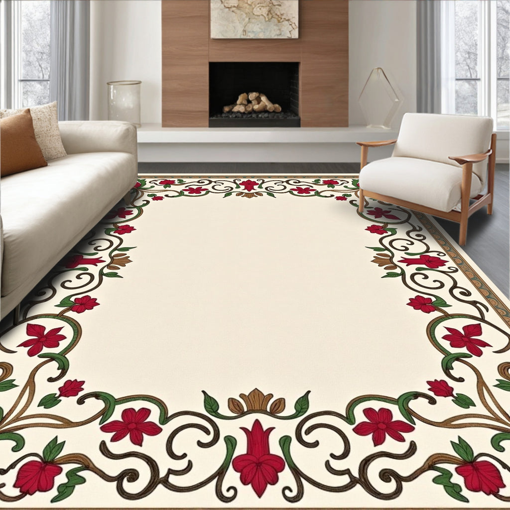 Crimson Floral Vine Border Design Rug