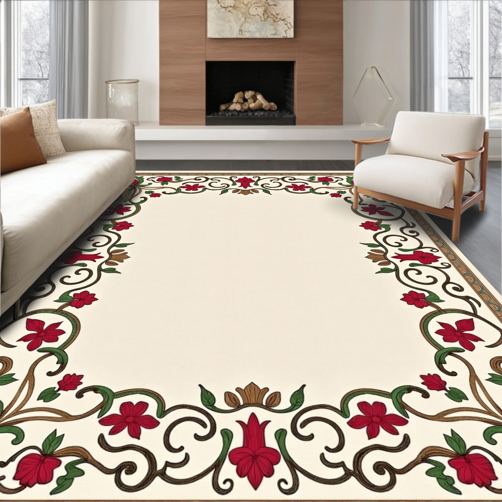 Crimson Floral Vine Border Design Rug