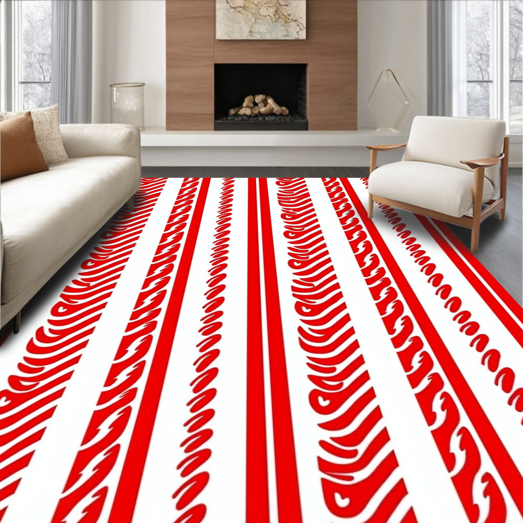 Red White Vertical Flowing Stripe Rug