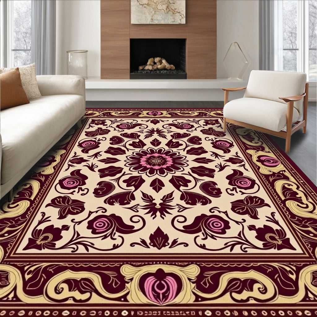 Ornate Crimson Rose Swirl Bordered Accent Rug