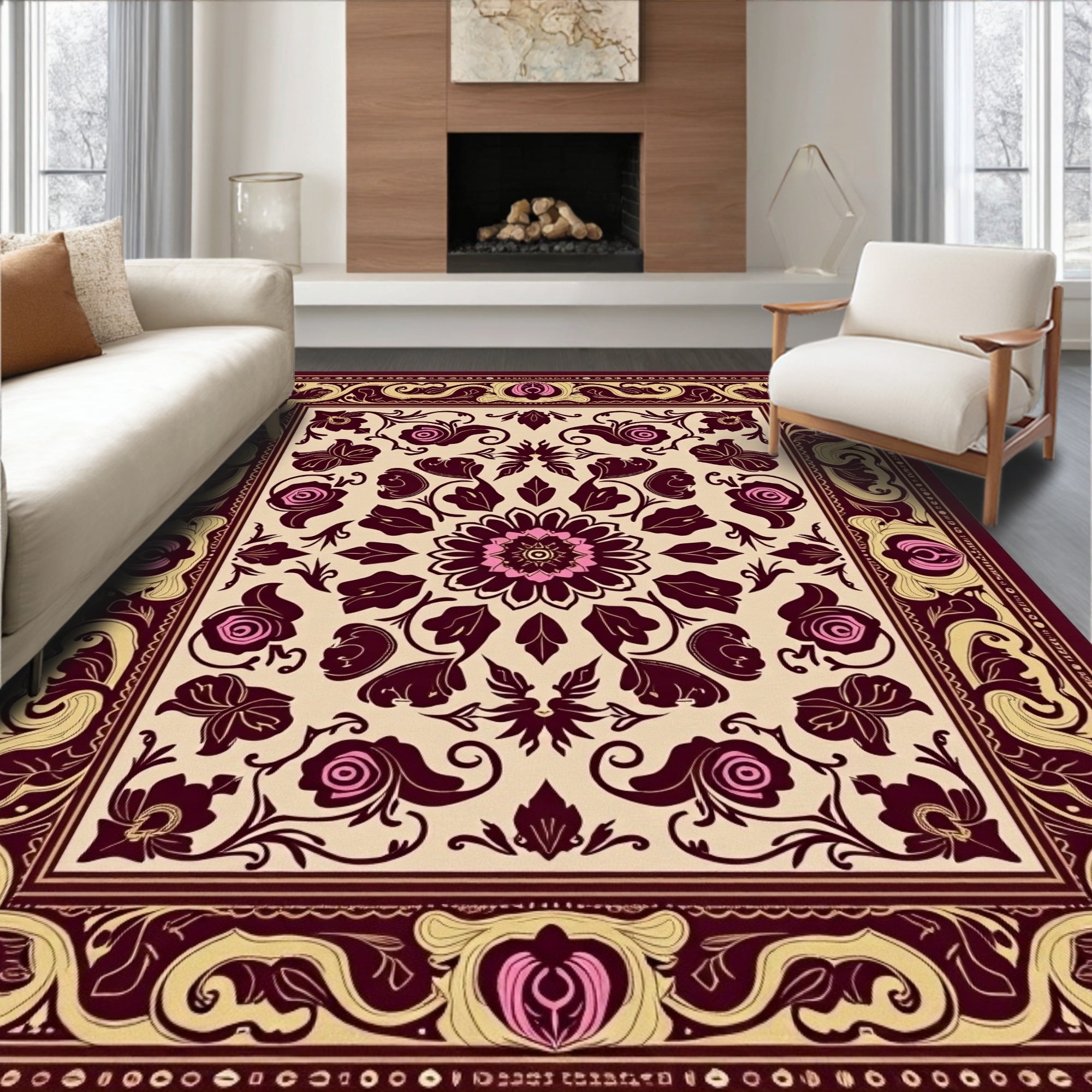 Ornate Crimson Rose Swirl Bordered Accent Rug