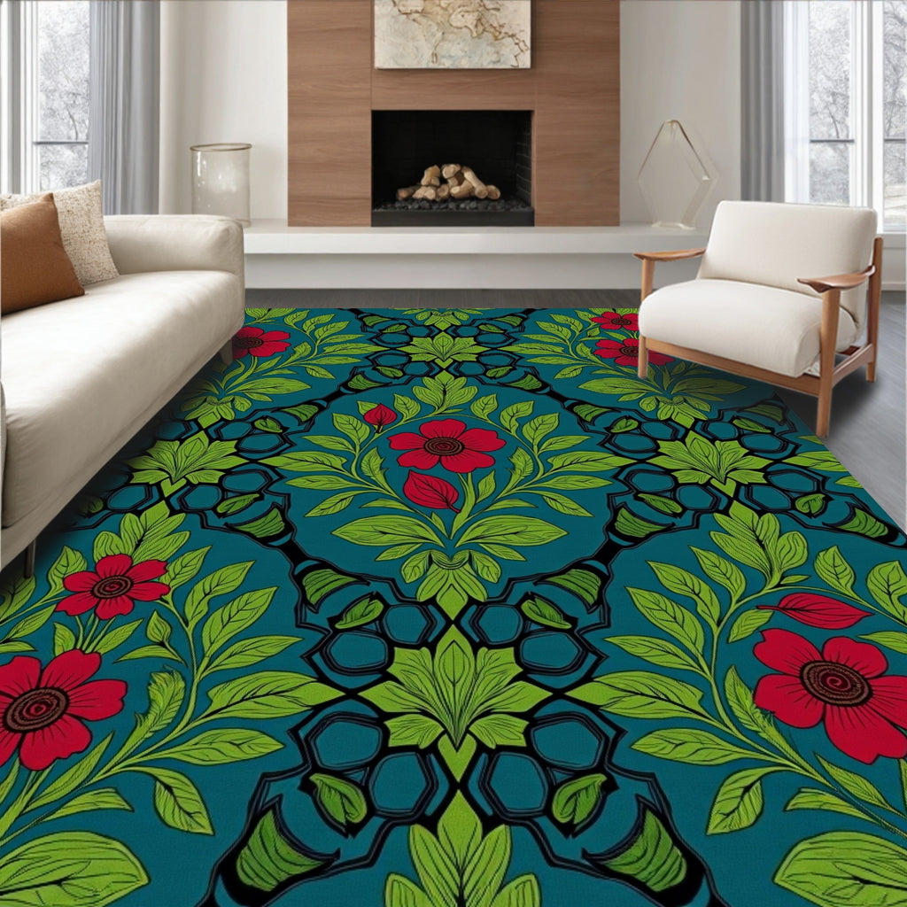 Crimson floral vine on teal Rug