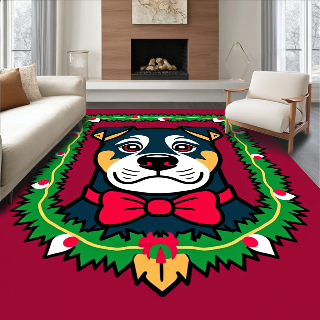 Festive Dog Wreath Red Bow Collar Rug