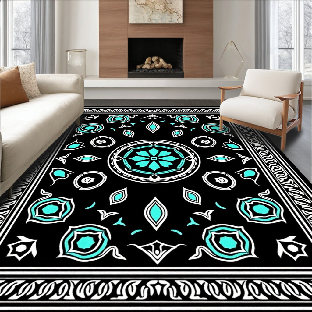 Black Turquoise Floral Medallion Frame Rug