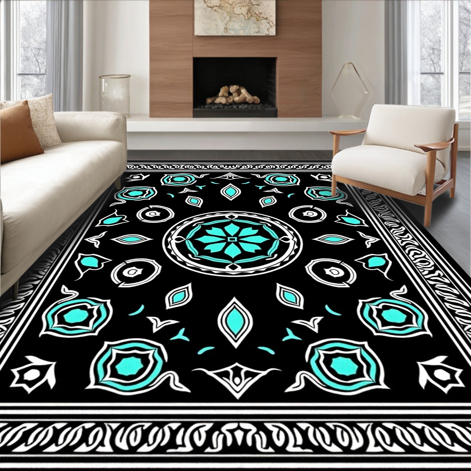 Black Turquoise Floral Medallion Frame Rug