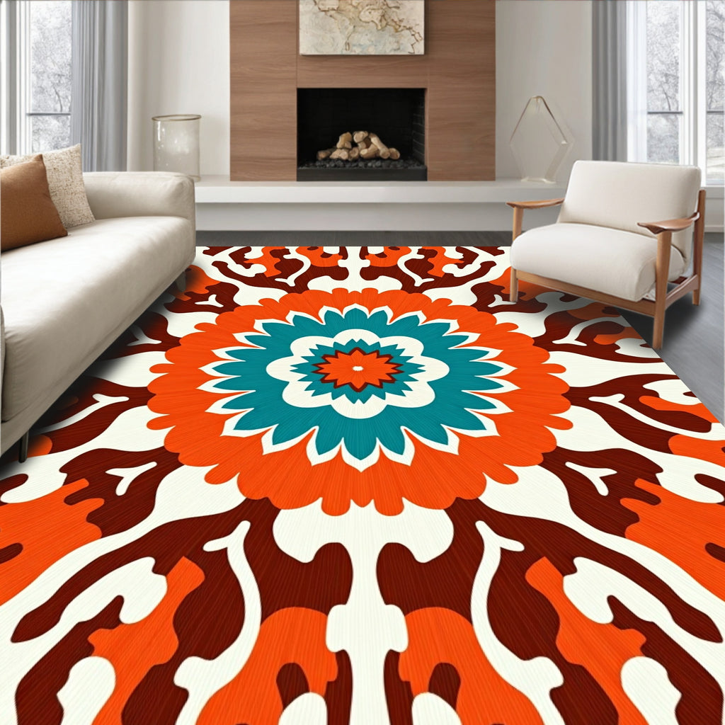 Orange Teal Blossom Mandala Art Rug
