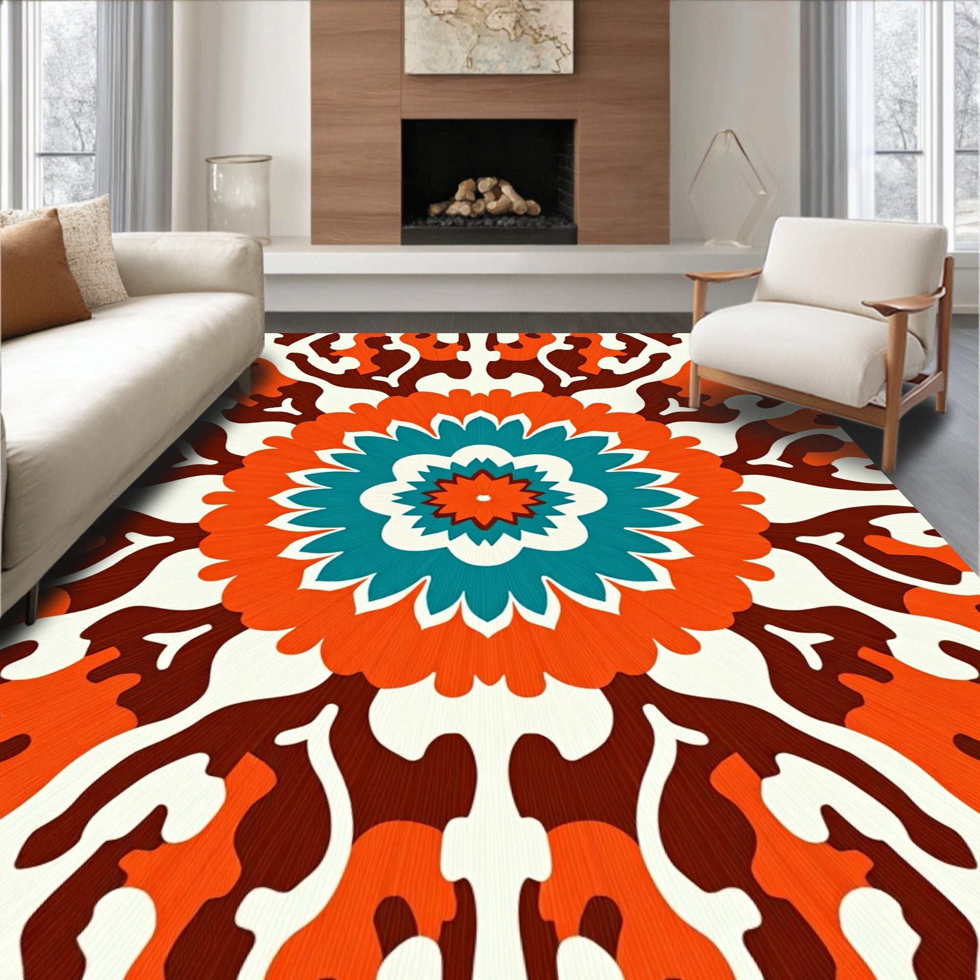 Orange Teal Blossom Mandala Art Rug
