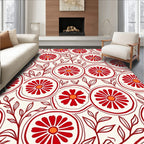 Crimson Floral Circles and Leaves Rug