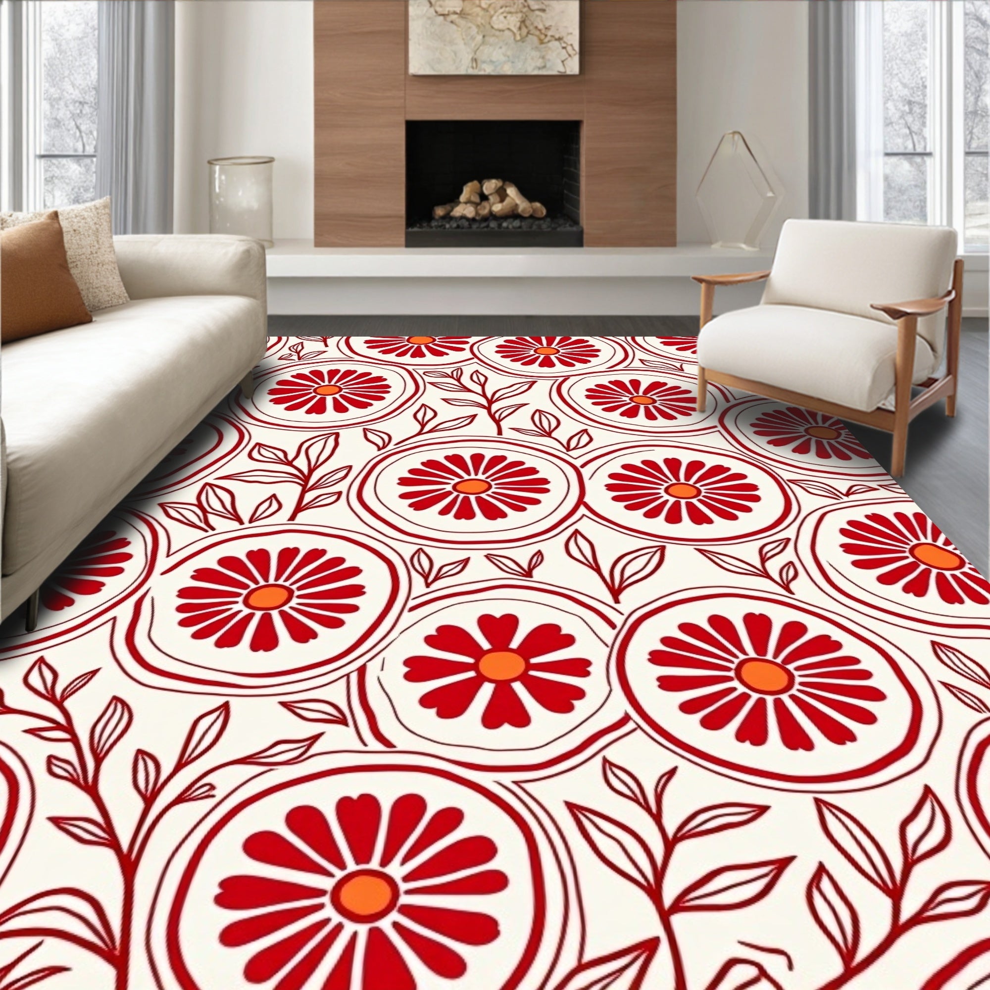 Crimson Floral Circles and Leaves Rug