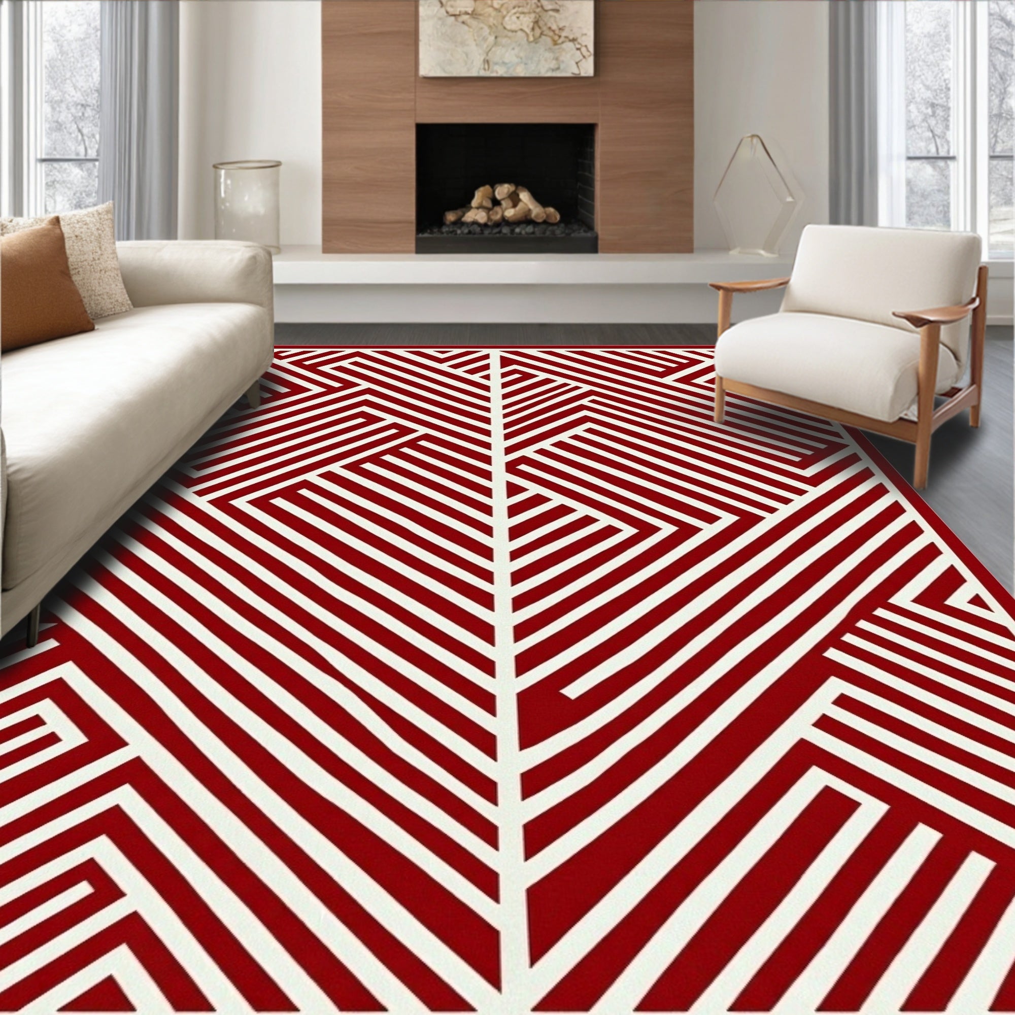 Crimson White Linear Geometric Arrangement Rug
