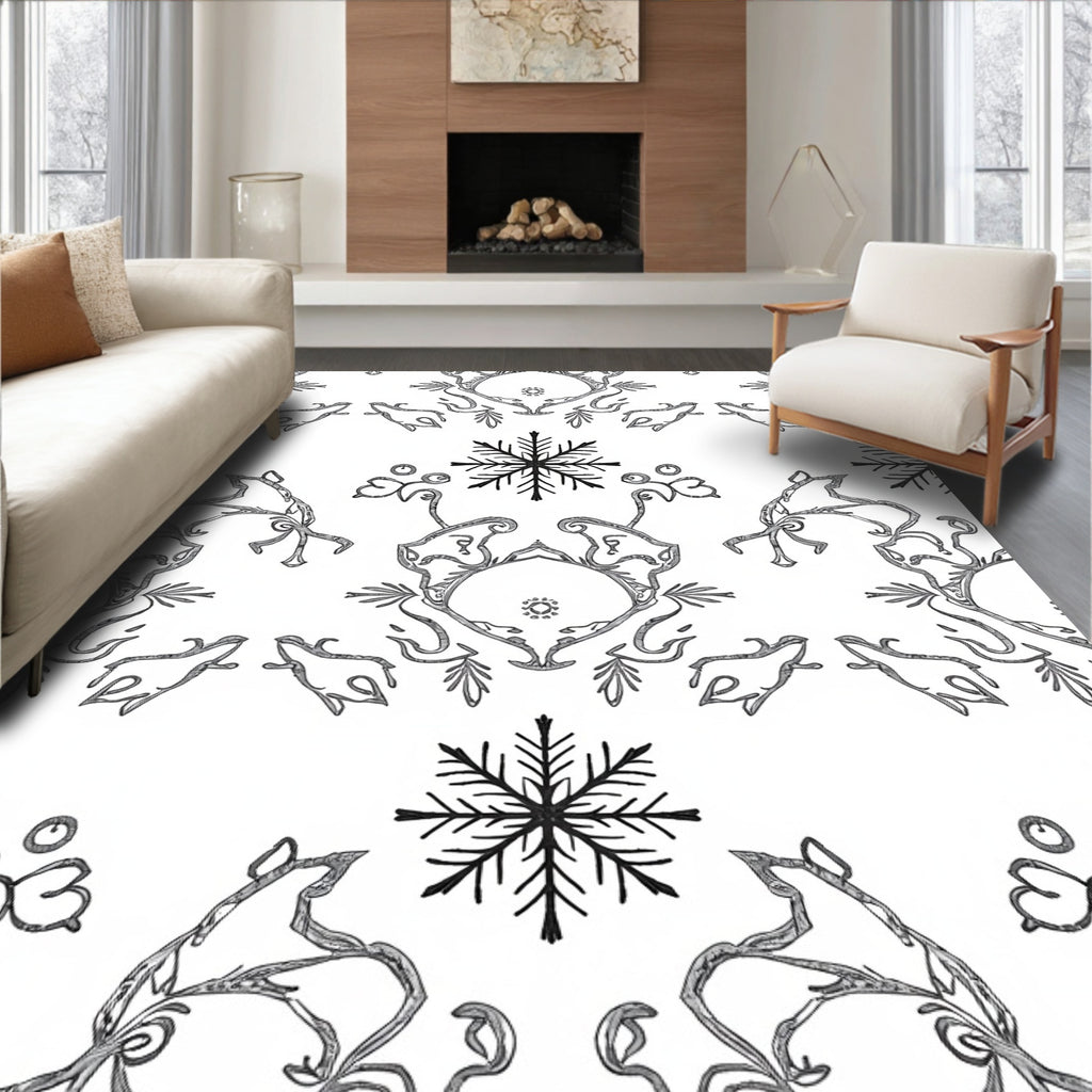 Monochromatic Snowflake And Swirl Arrangement Rug