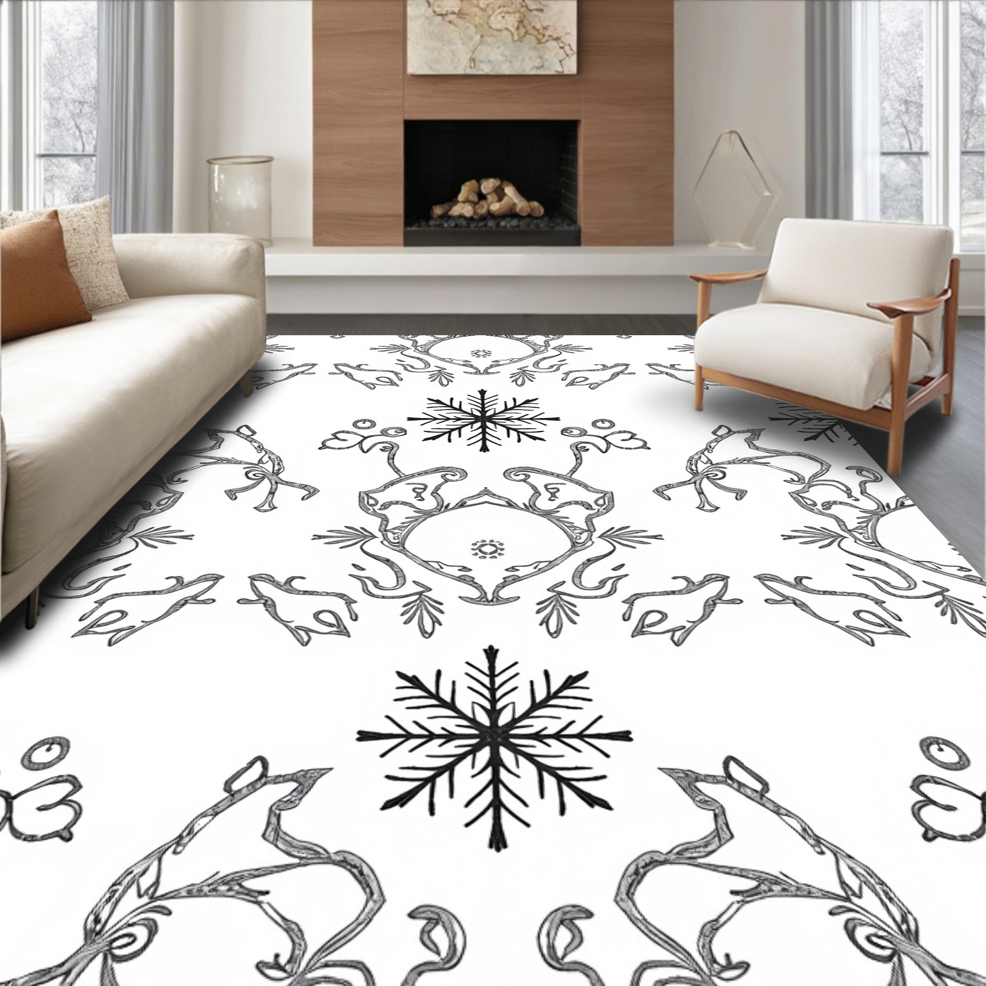 Monochromatic Snowflake And Swirl Arrangement Rug