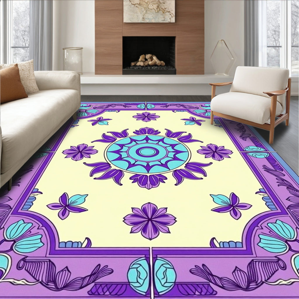 Purple Teal Floral Medallion Border Rug
