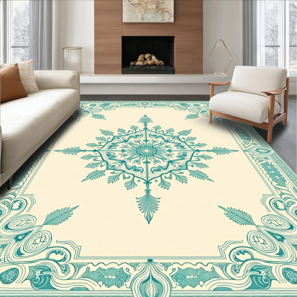 Aqua Floral Medallion Border Rug