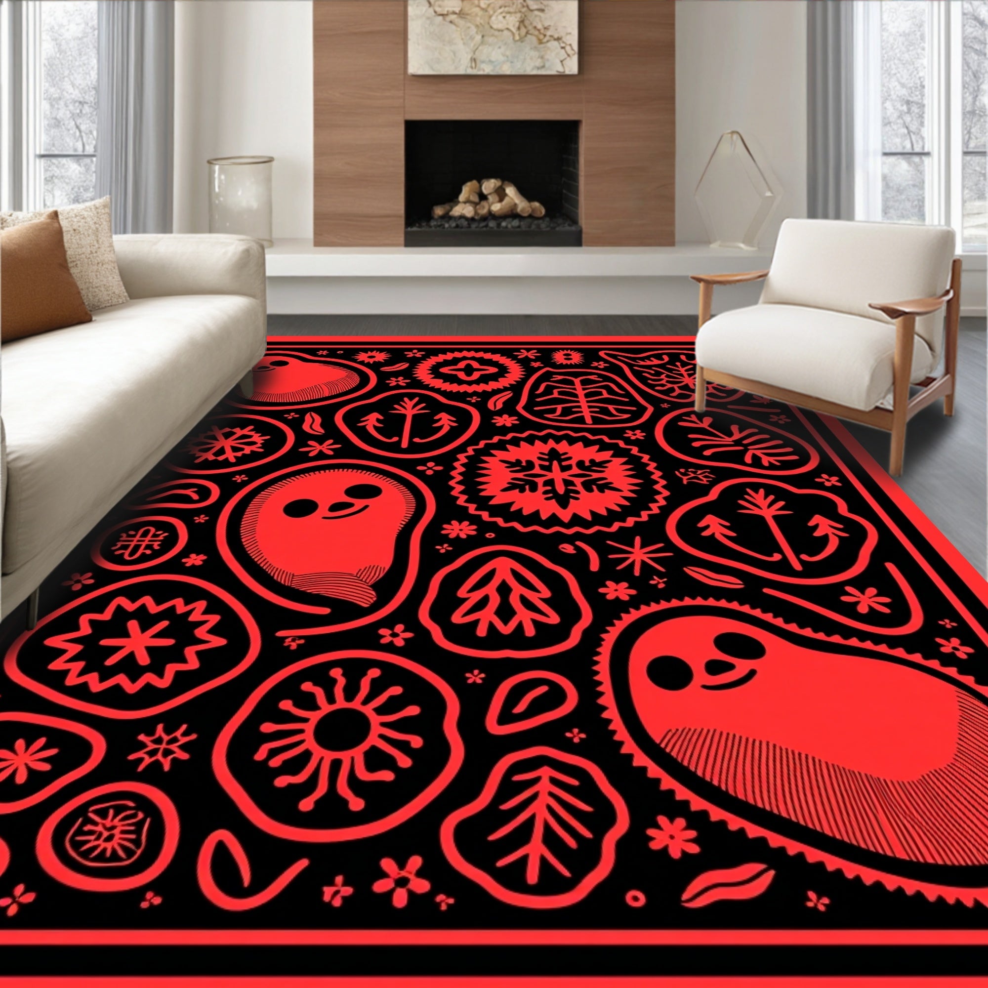 Bold Red Folk Art Creatures Rug
