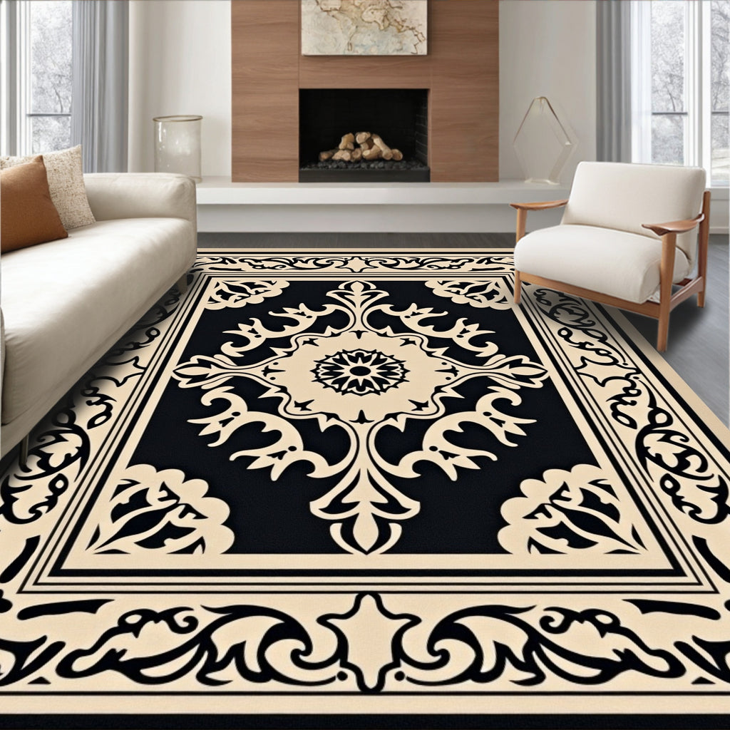 Antique Beige Black Medallion Frame Rug