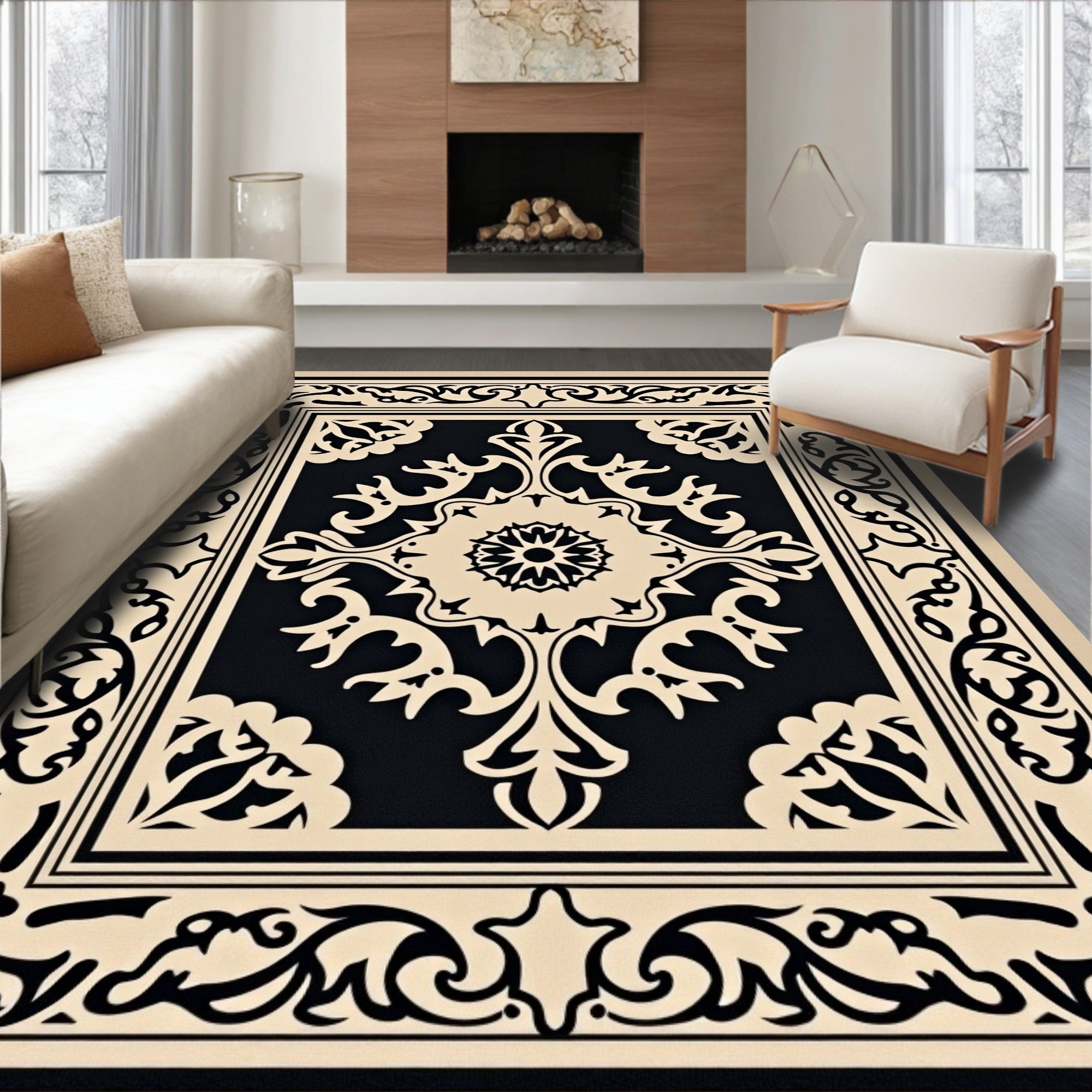 Antique Beige Black Medallion Frame Rug