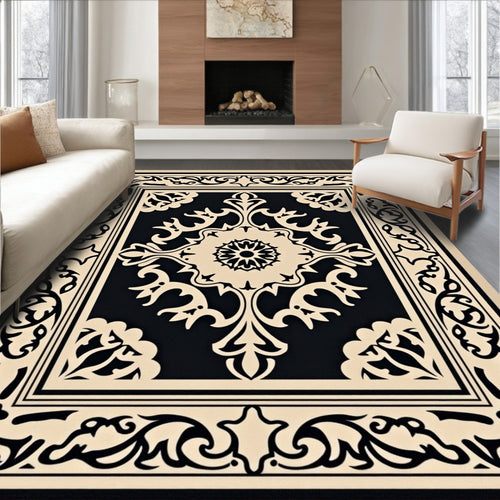 Antique Beige Black Medallion Frame Rug