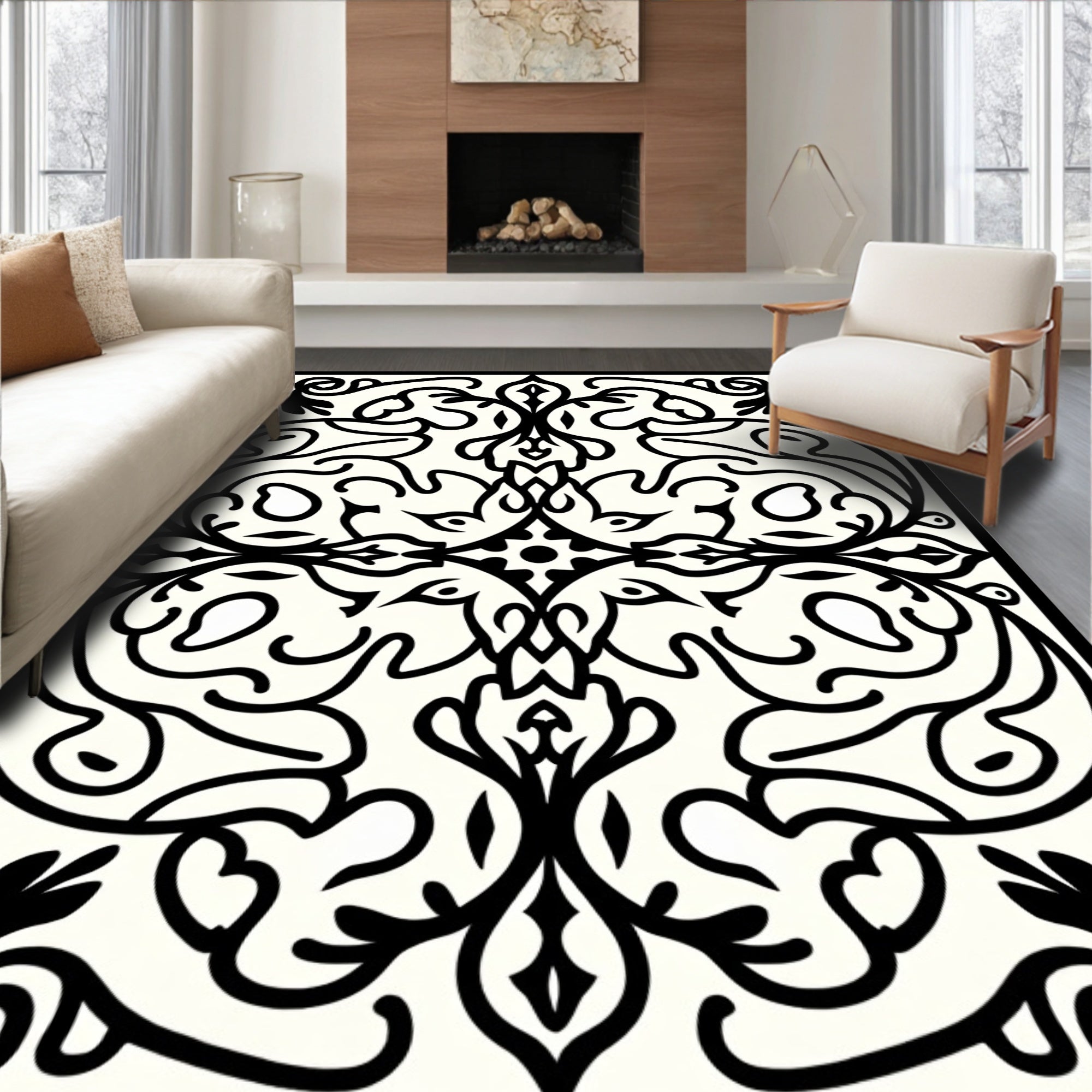Black Ivory Ornamental Scrollwork Rug