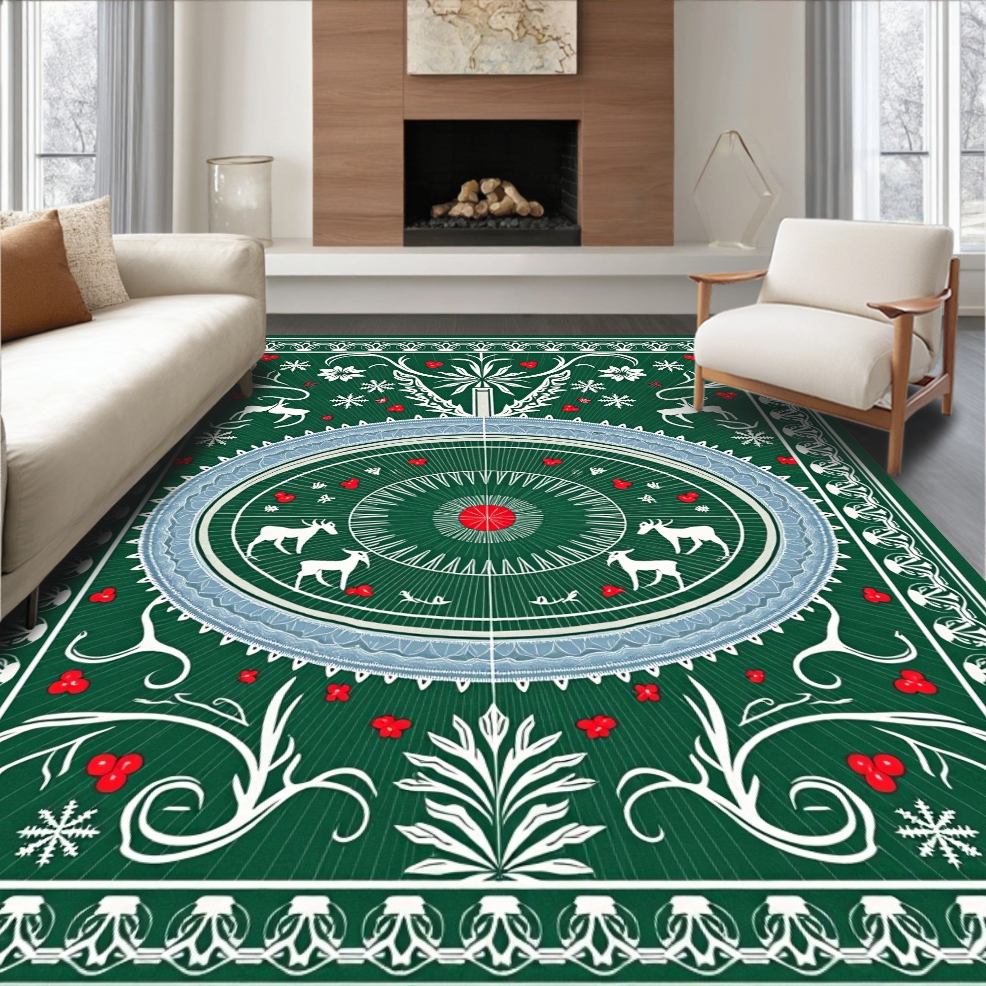Festive Green White Red Animal Round Rug