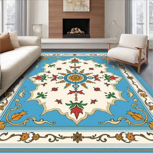 Azure Floral Medallion With Leafy Accents Rug