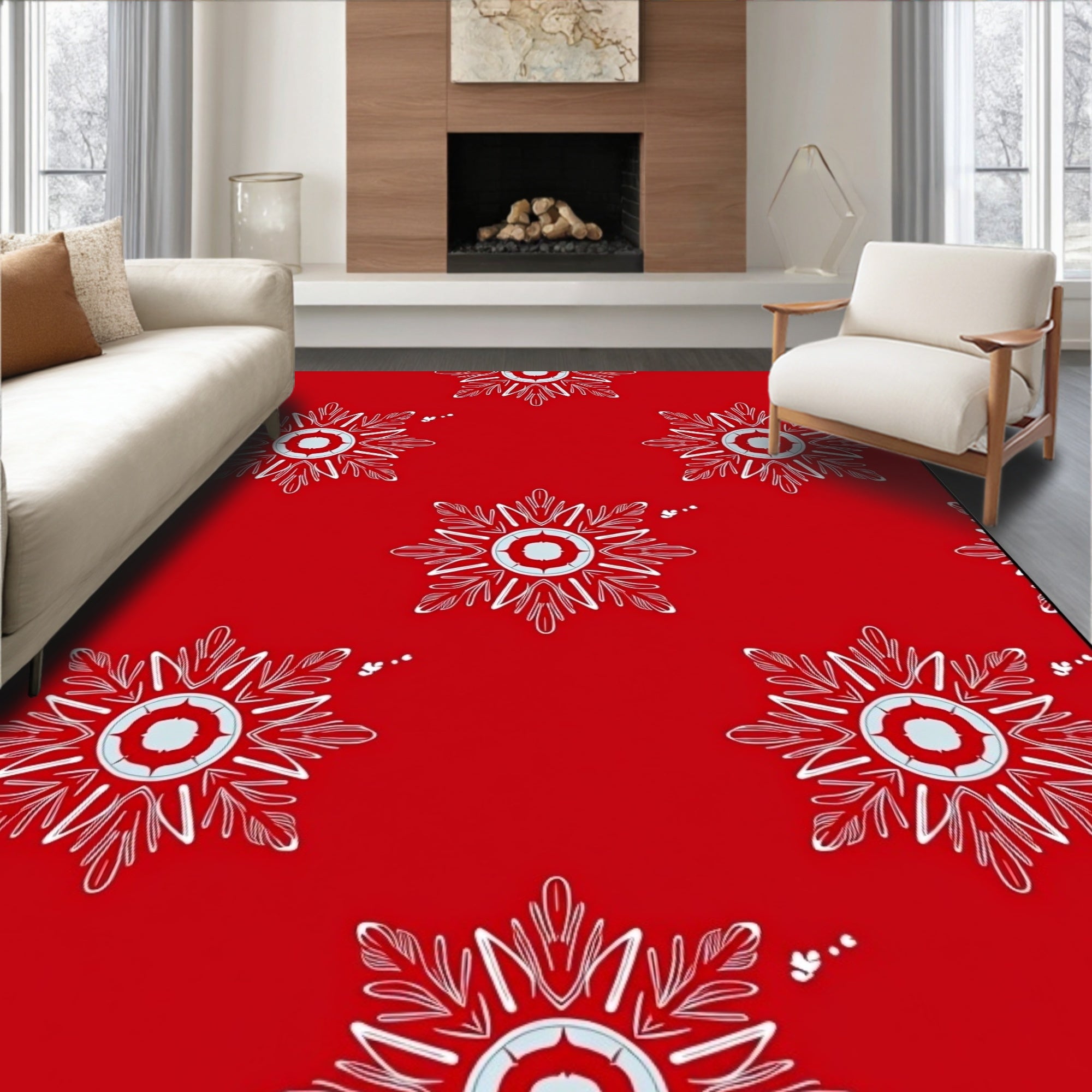 Crimson Snowflake Medallion Art Rug