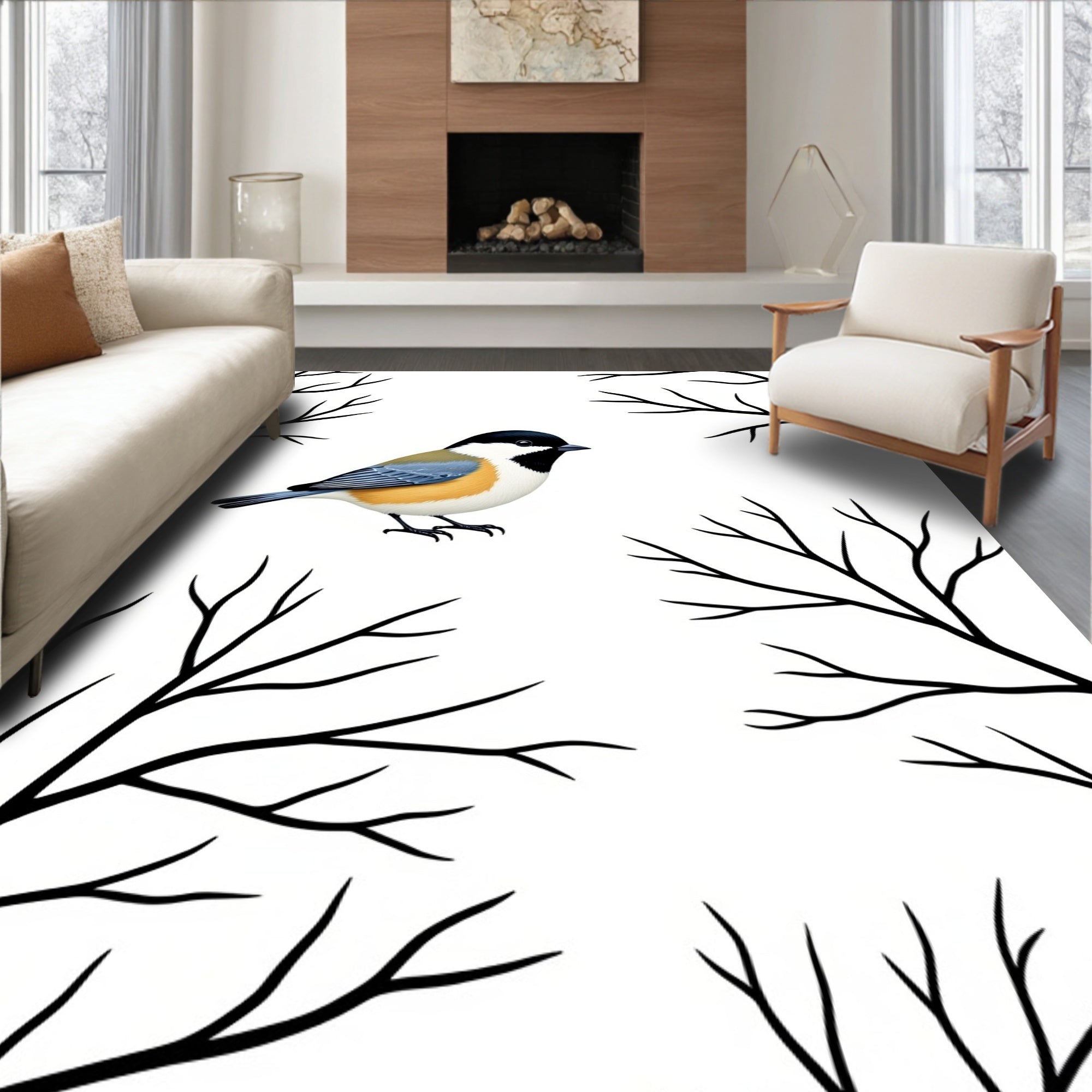 Black Branches With Chickadee Bird Rug
