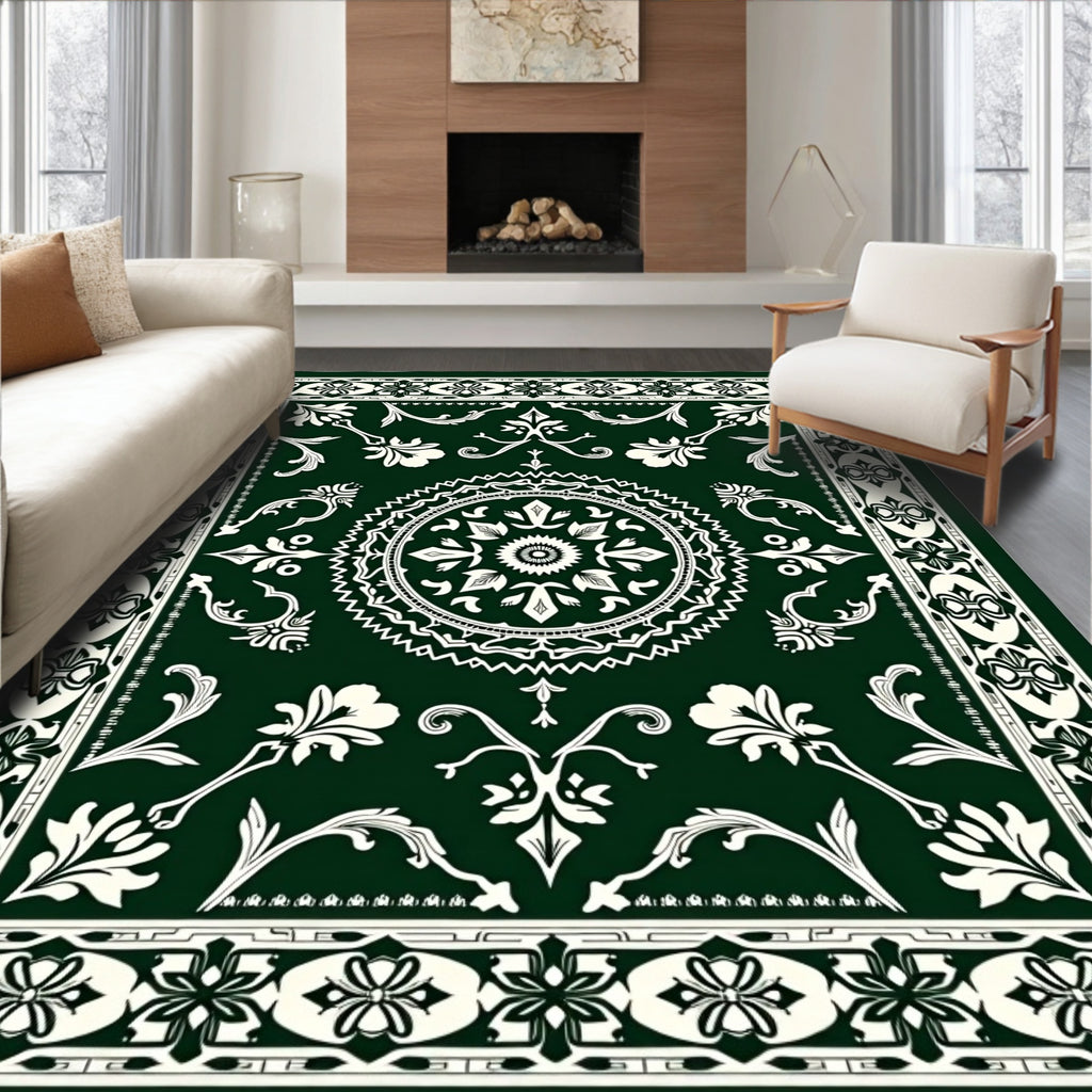 Forest Green Floral Medallion Border Rug