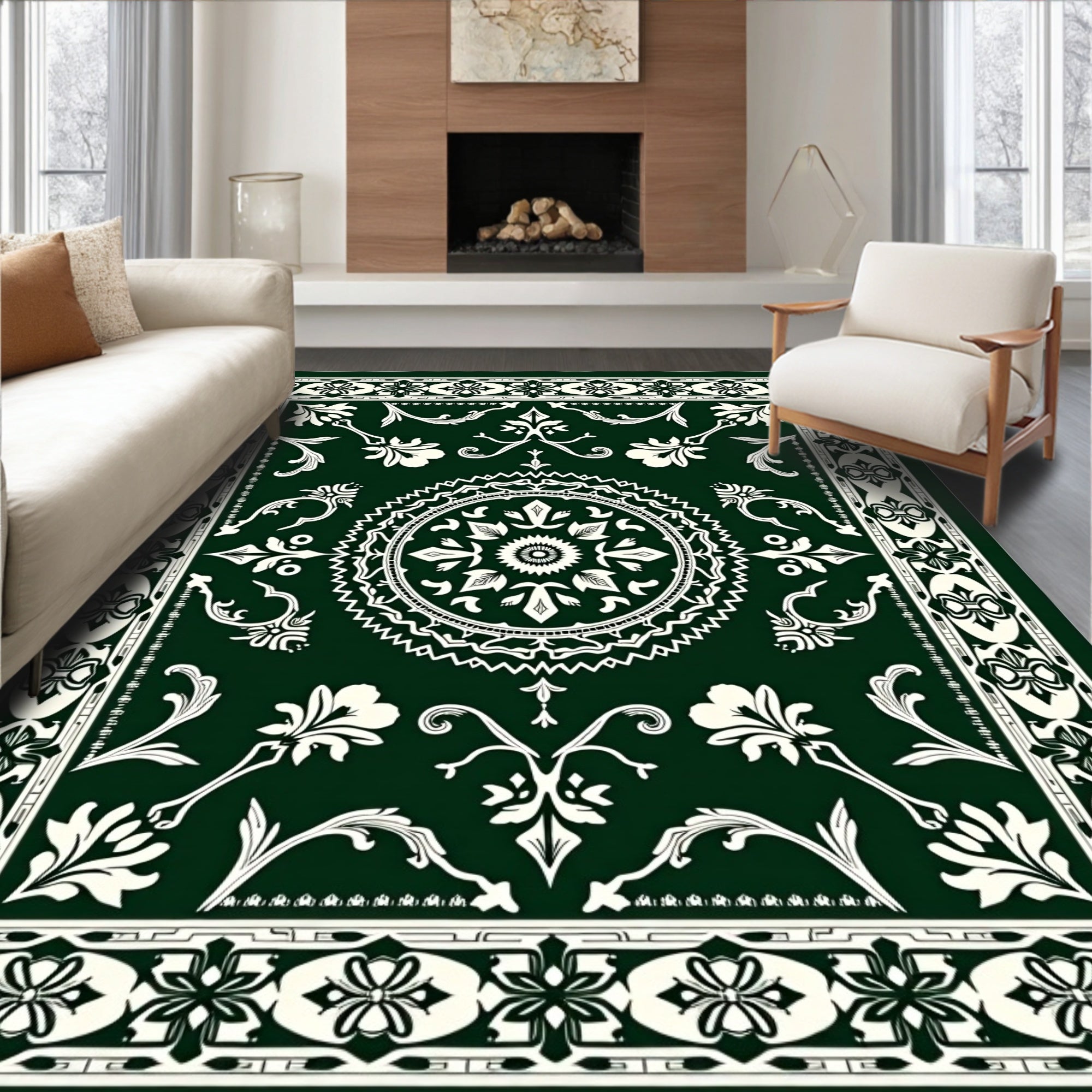 Forest Green Floral Medallion Border Rug