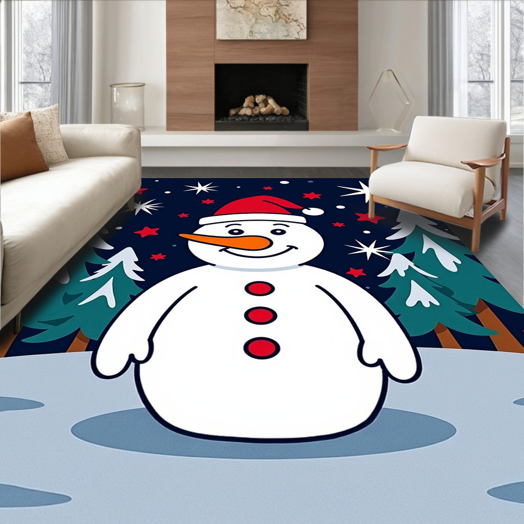 Festive Snowman Amongst Snowy Pines Rug