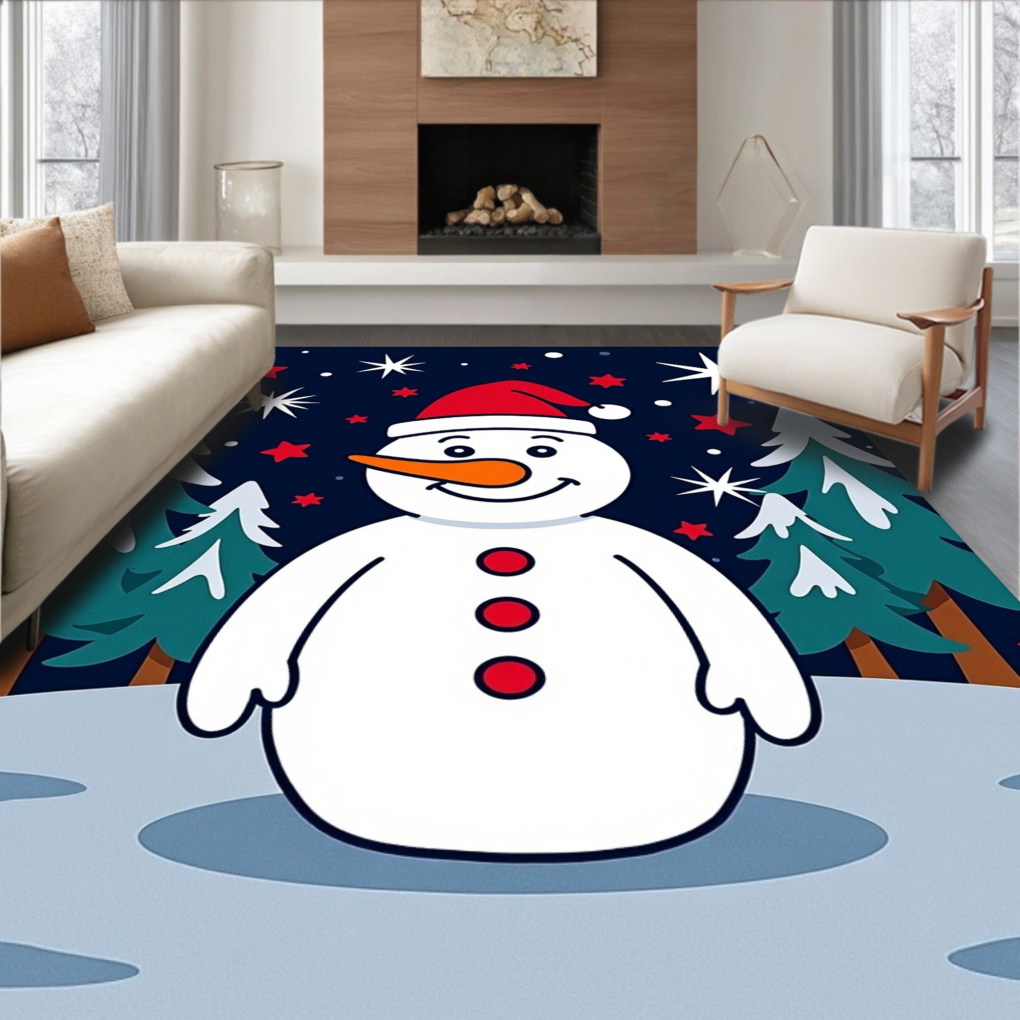 Festive Snowman Amongst Snowy Pines Rug
