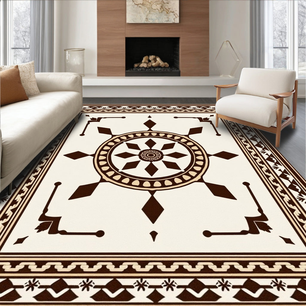 Brown Geometric Medallion Border Rug