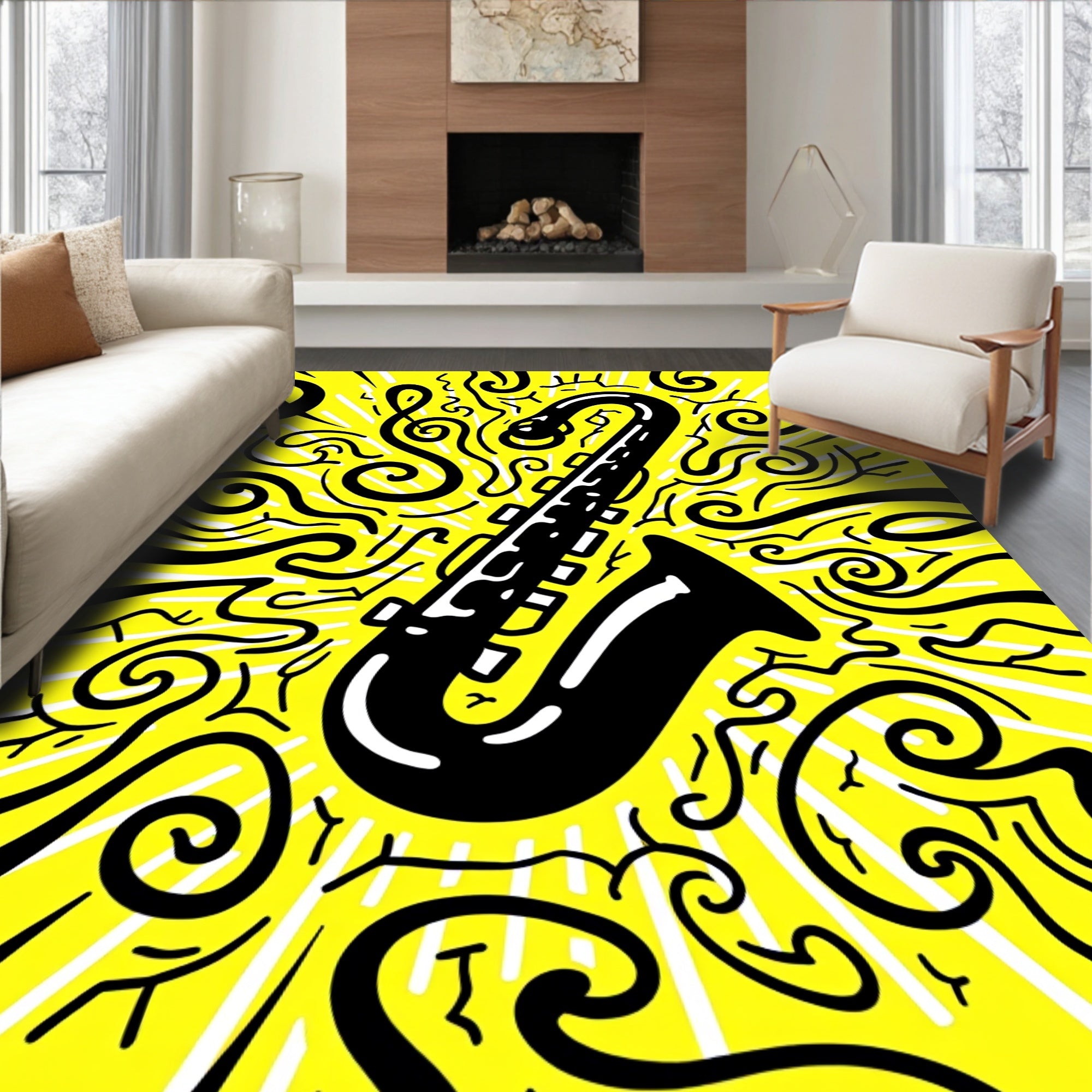 Vibrant Yellow Saxophone Swirls Rug