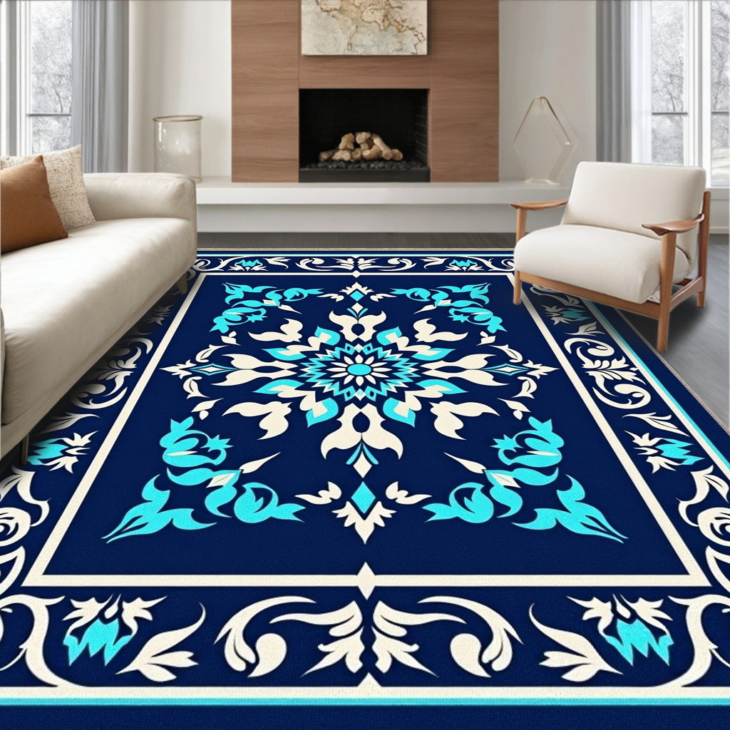 Deep Navy Floral Medallion Rug