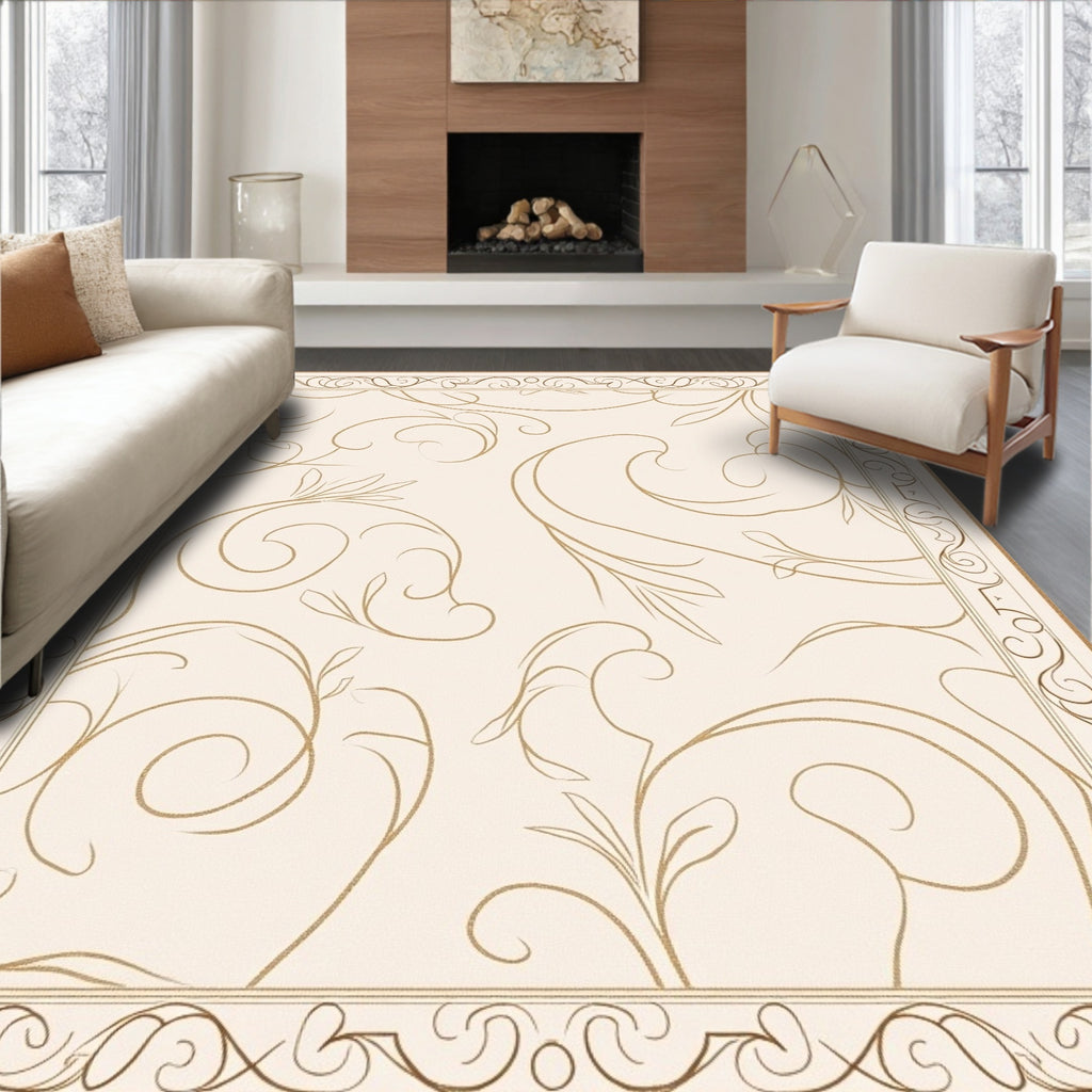 Cream and Gold Ornate Scroll Rug