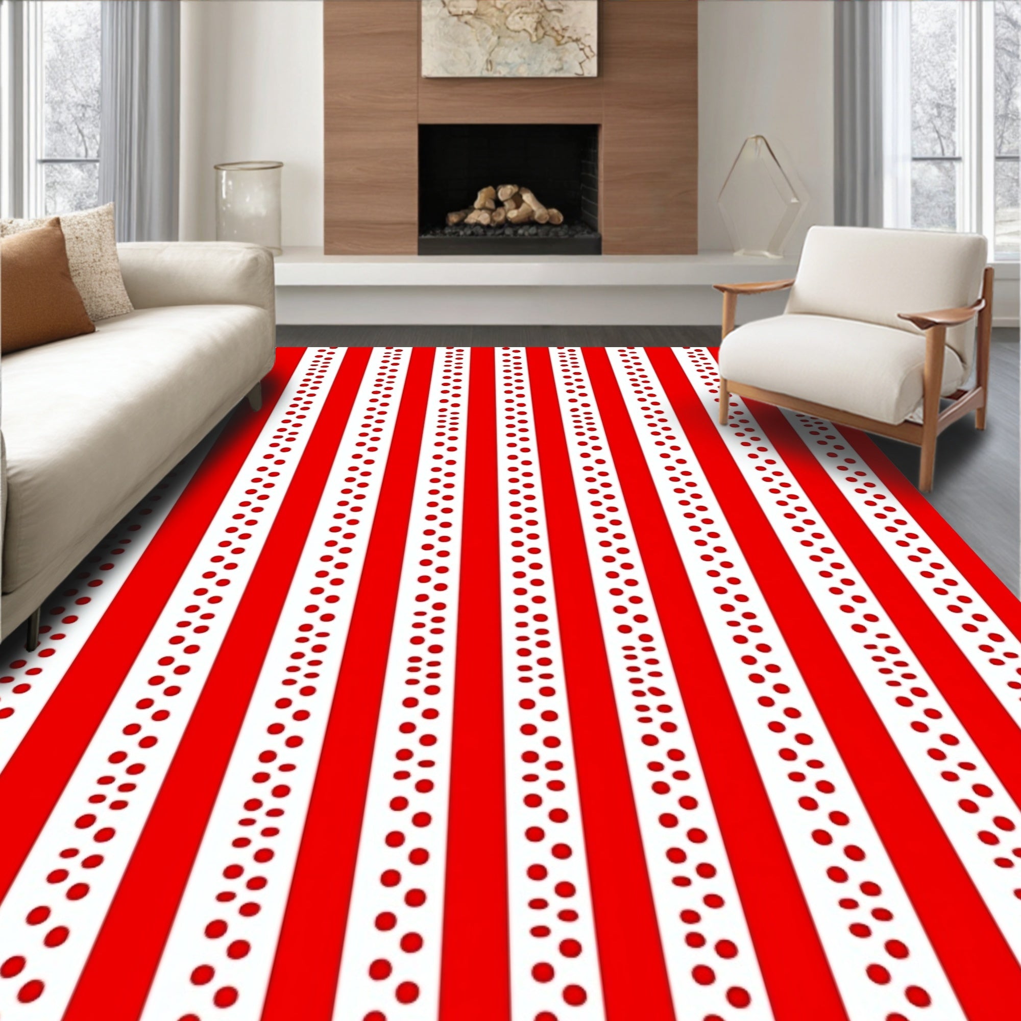 Bold Red White Vertical Stripe Dot Rug