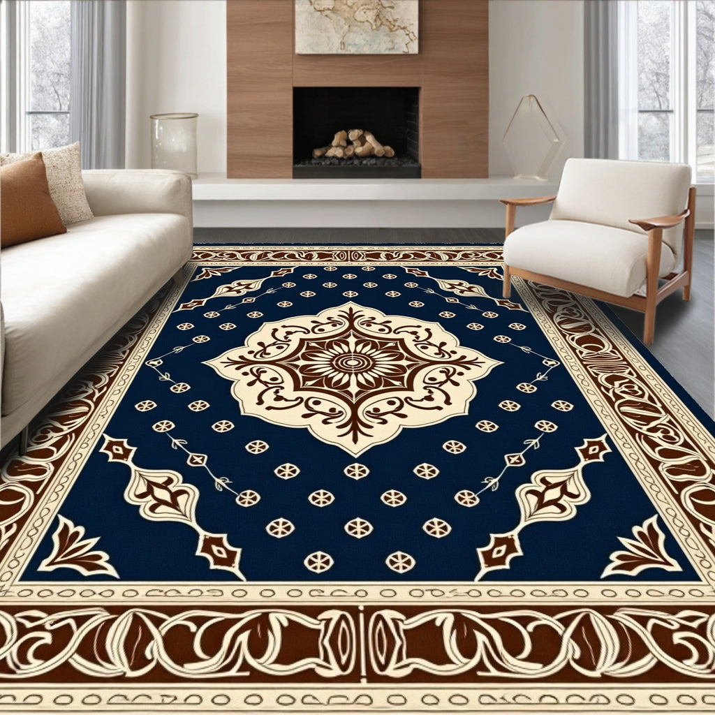 Damask Navy Cream Central Medallion Rug