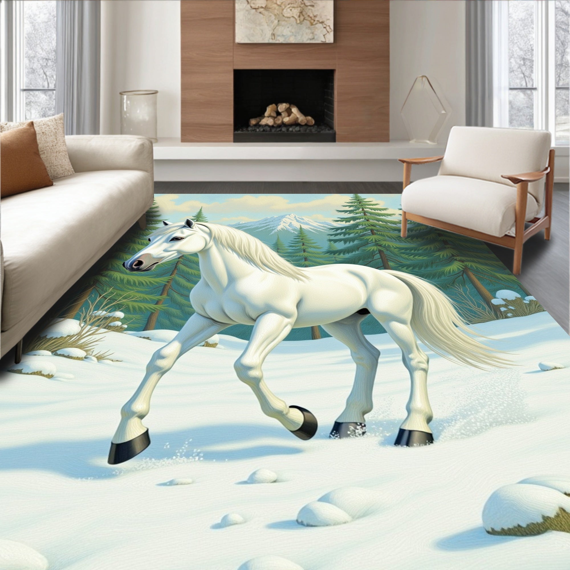 Majestic White Horse Winter Forest Scene Rug