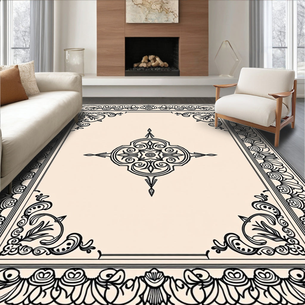 Classical Black Floral Border Medallion Rug
